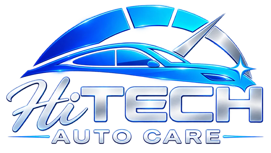 Hi Tech Auto Care auto repair shop logo in white, Mansfield TX
