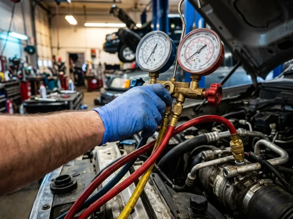 Technician checking refrigerant levels during auto A/C repair in Mansfield, TX