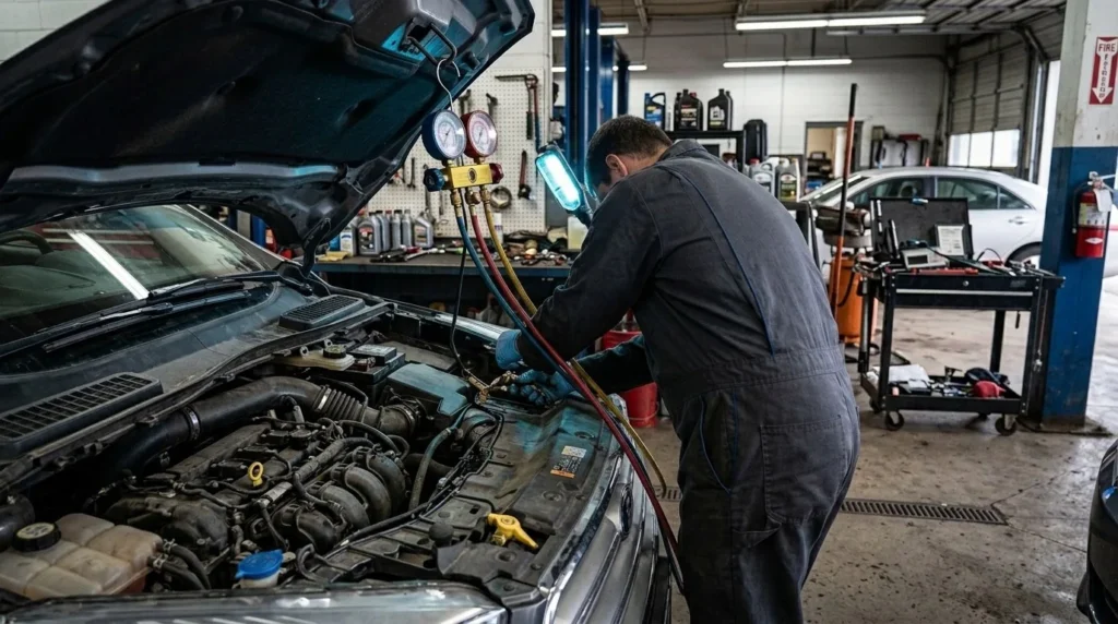 Technician servicing a vehicle's air conditioning system at Hi Tech Auto Care in Mansfield, TX