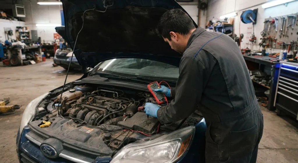 Technician diagnosing a vehicle's electrical system at Hi Tech Auto Care in Mansfield, TX