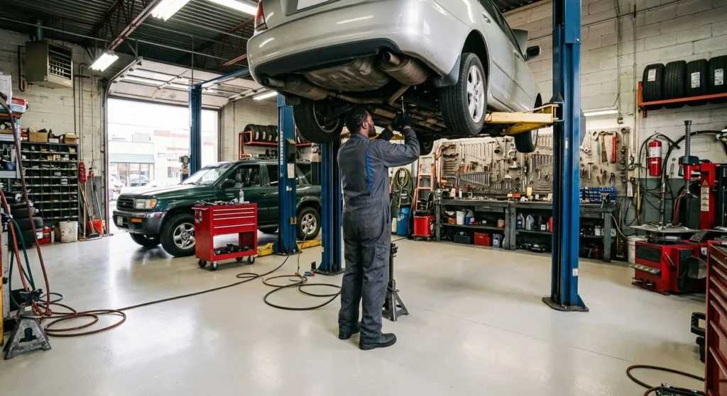 Hi Tech Auto Care technician working under a vehicle on a lift in the Mansfield, TX shop