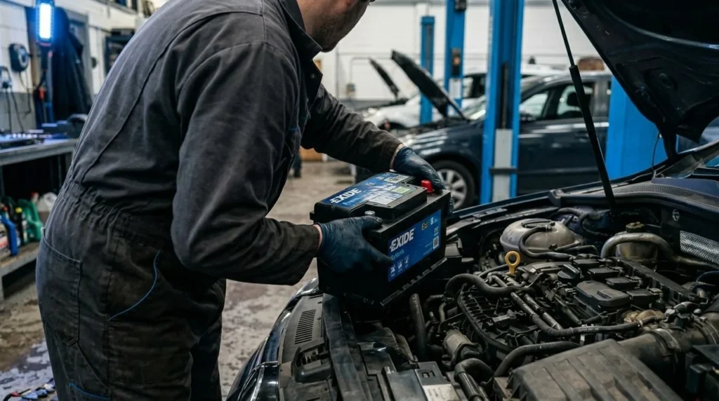 Technician replacing a vehicle battery at Hi Tech Auto Care in Mansfield, TX