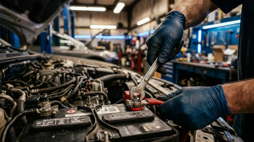 Close-up of a new car battery terminal being installed in Mansfield, TX