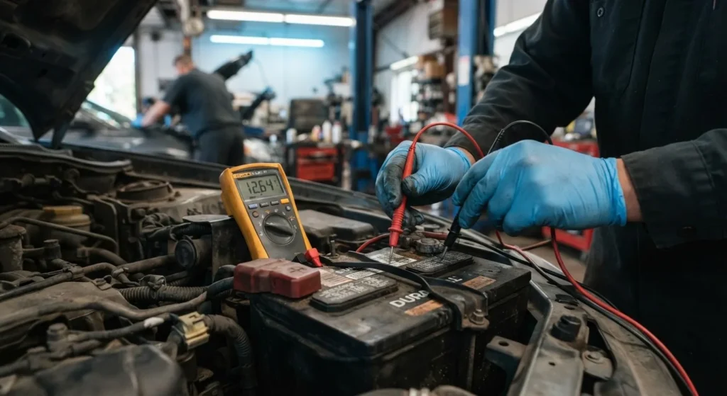 Close-up of a technician testing a vehicle battery voltage in Mansfield, TX