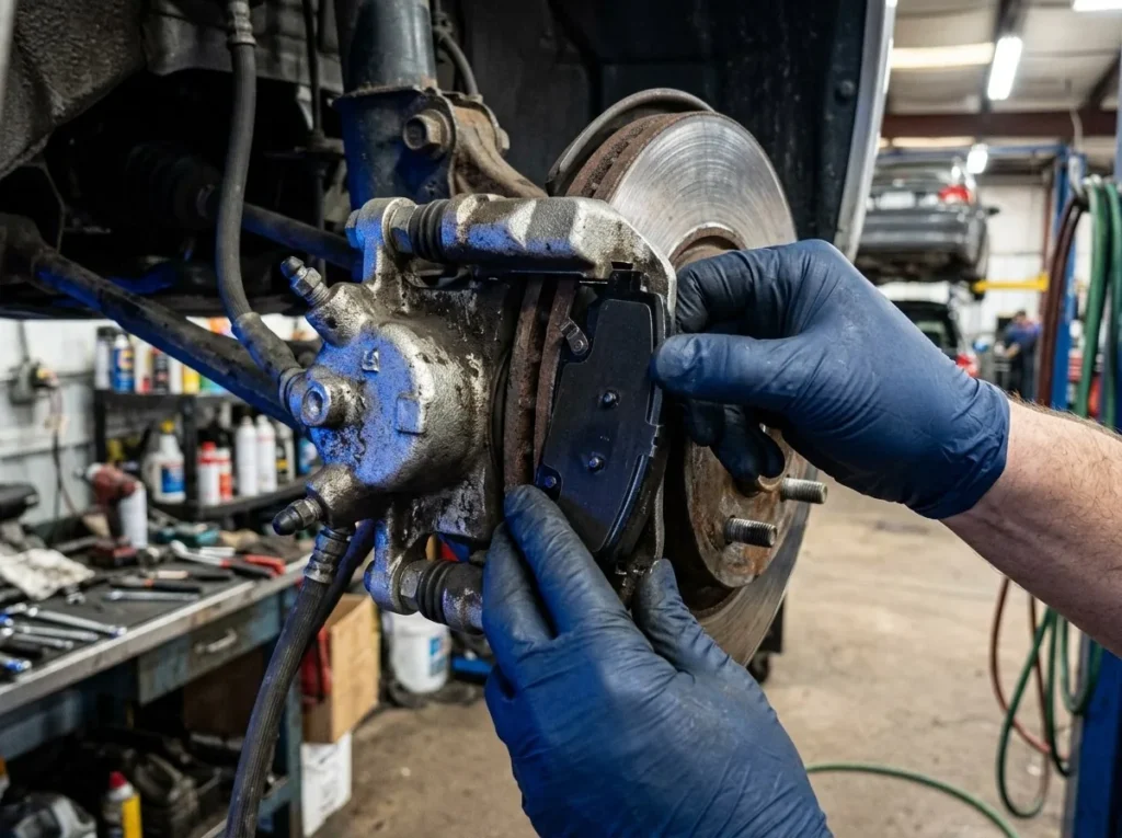 Close-up of a technician replacing brake pads during brake repair in Mansfield, TX