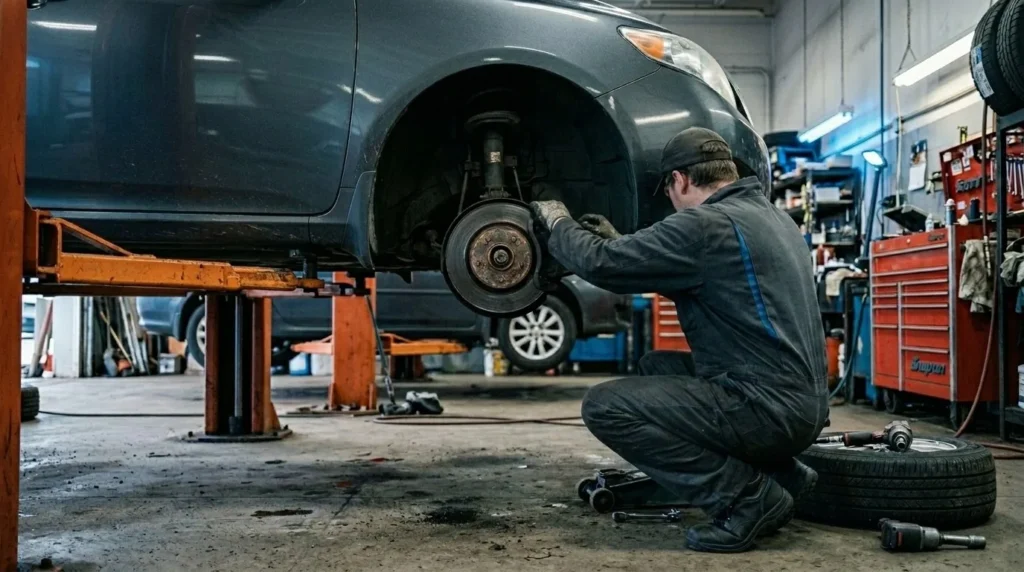 Technician inspecting a vehicle's brakes at Hi Tech Auto Care in Mansfield, TX