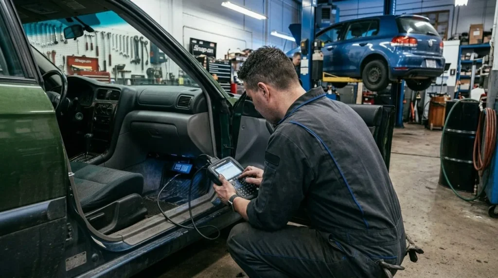 Technician using a diagnostic scanner on a vehicle at Hi Tech Auto Care in Mansfield, TX