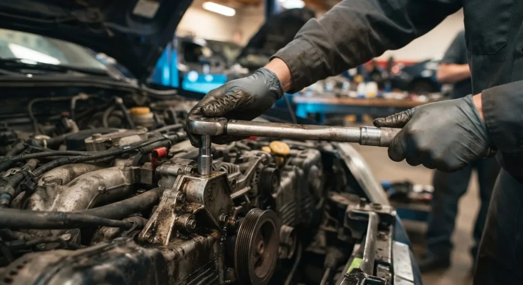 Close-up of a technician working on an engine component during engine repair in Mansfield, TX