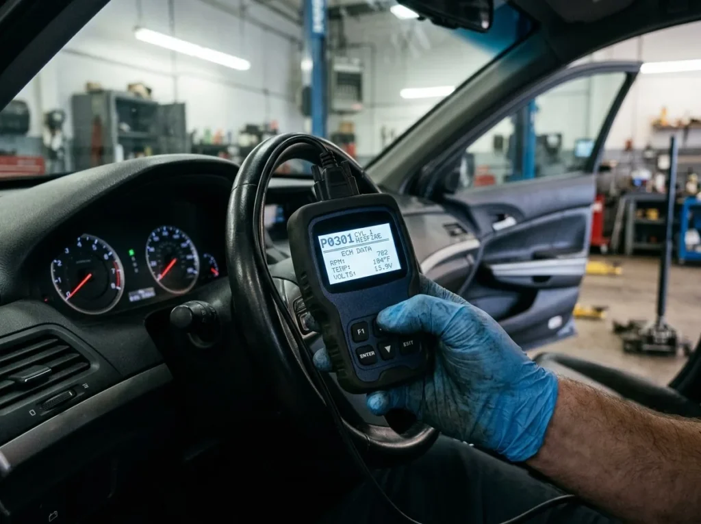 Close-up of a diagnostic scanner showing a check engine code reading in Mansfield, TX