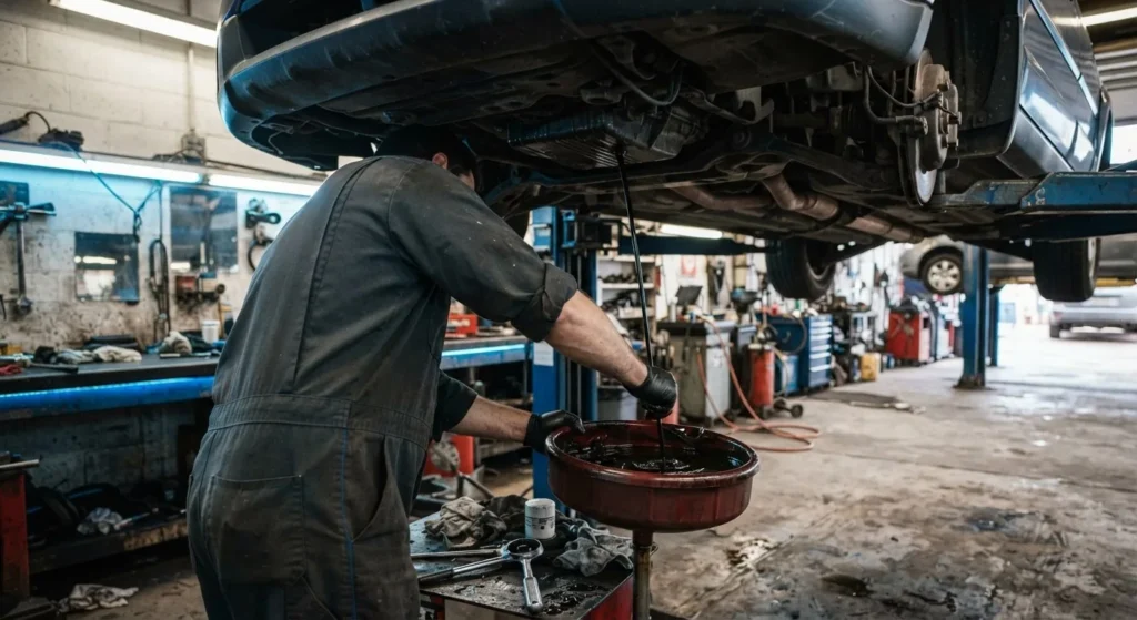 Technician draining oil during an oil change at Hi Tech Auto Care in Mansfield, TX