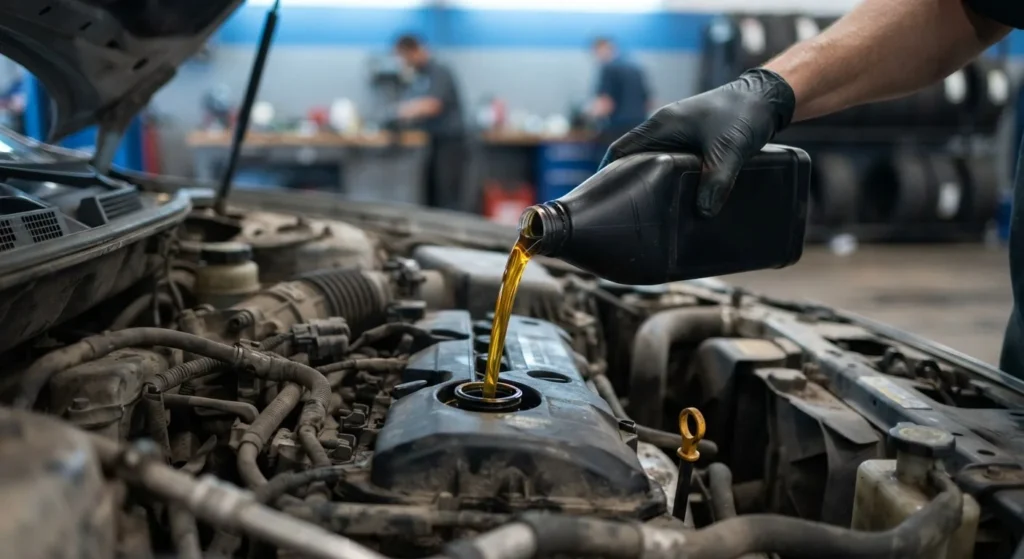 Close-up of fresh oil being poured into a vehicle engine during an oil change in Mansfield, TX