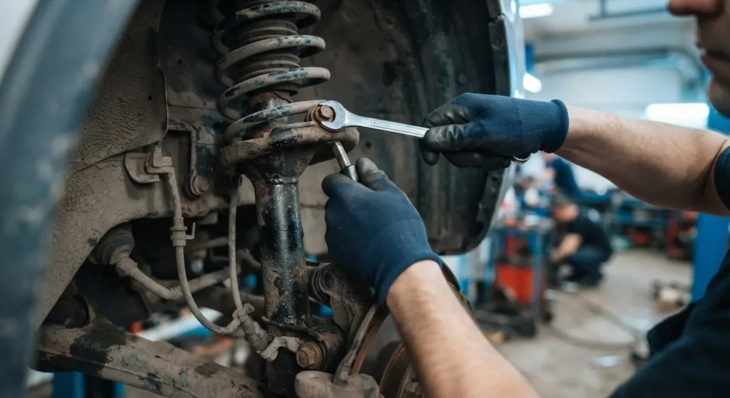 Close-up of a technician working on a vehicle suspension component in Mansfield, TX