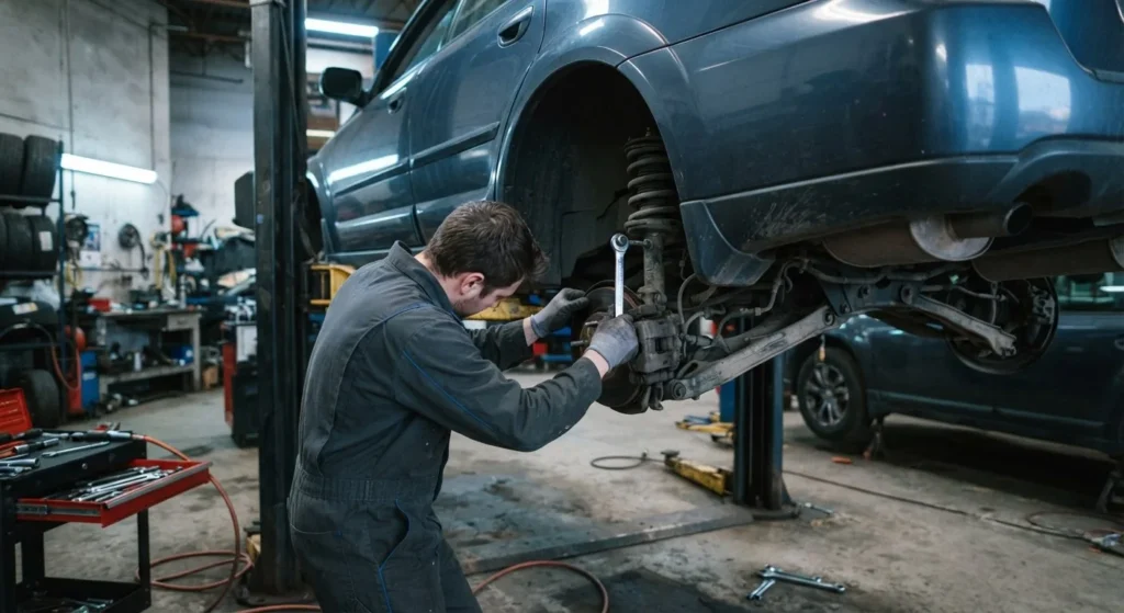 Technician inspecting a vehicle's suspension at Hi Tech Auto Care in Mansfield, TX