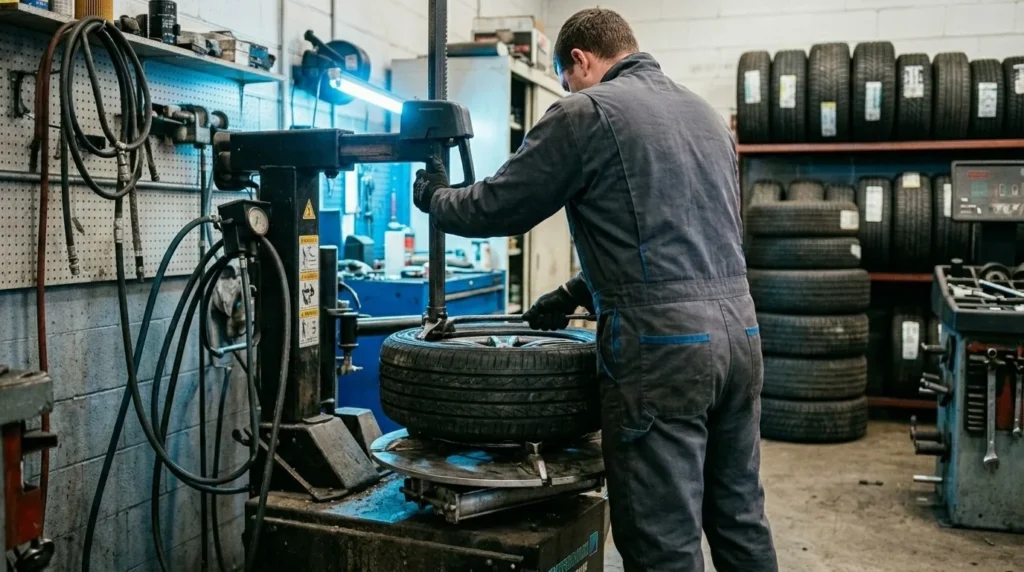 Technician servicing a vehicle tire at Hi Tech Auto Care in Mansfield, TX