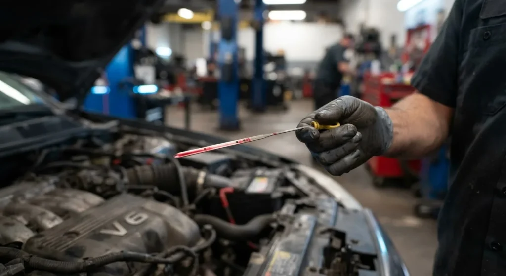 Close-up of a technician inspecting transmission fluid during transmission repair in Mansfield, TX