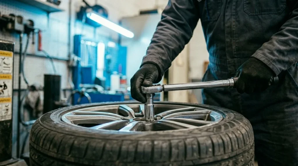 Close-up of a technician torquing wheel lug nuts during tire service in Mansfield, TX